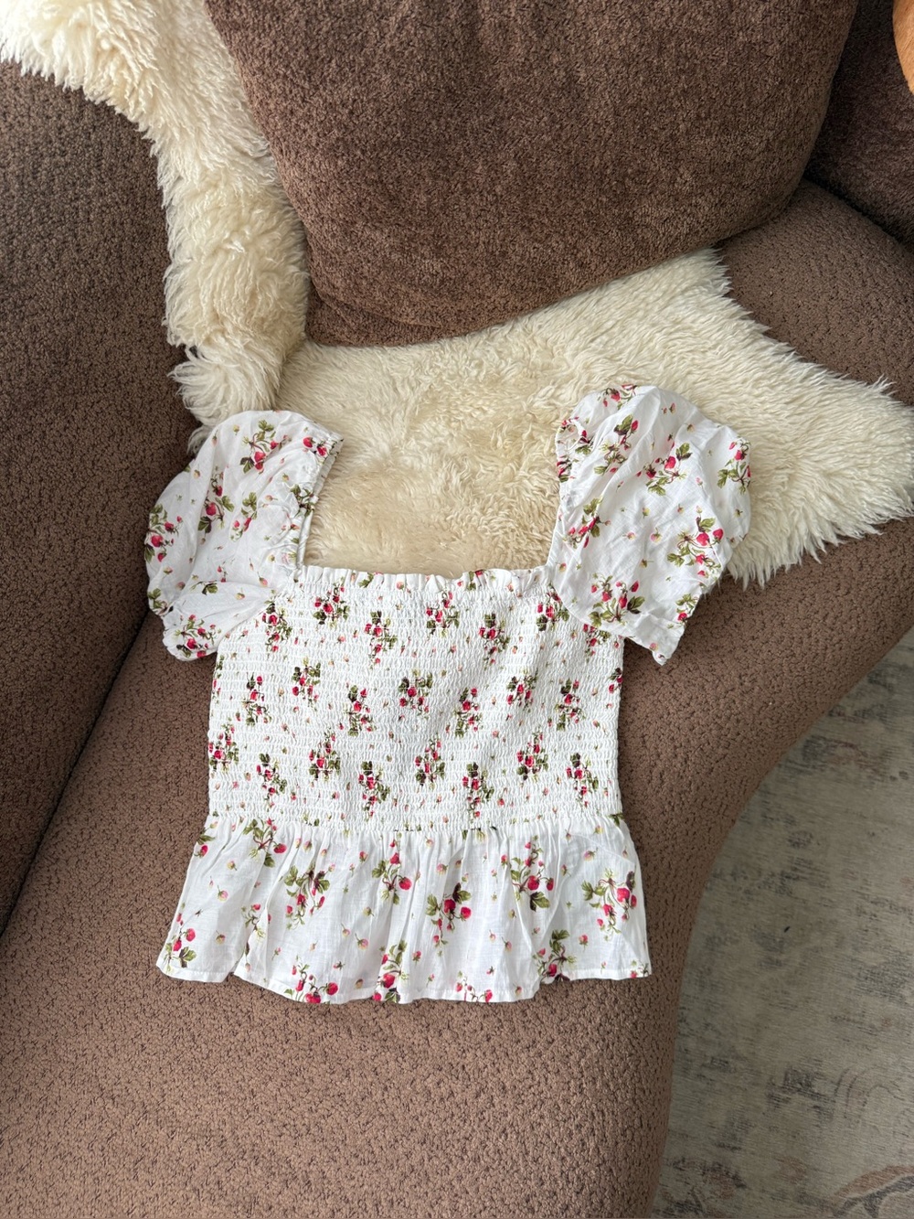 J.Crew Puff-sleeve smocked top in strawberry floral